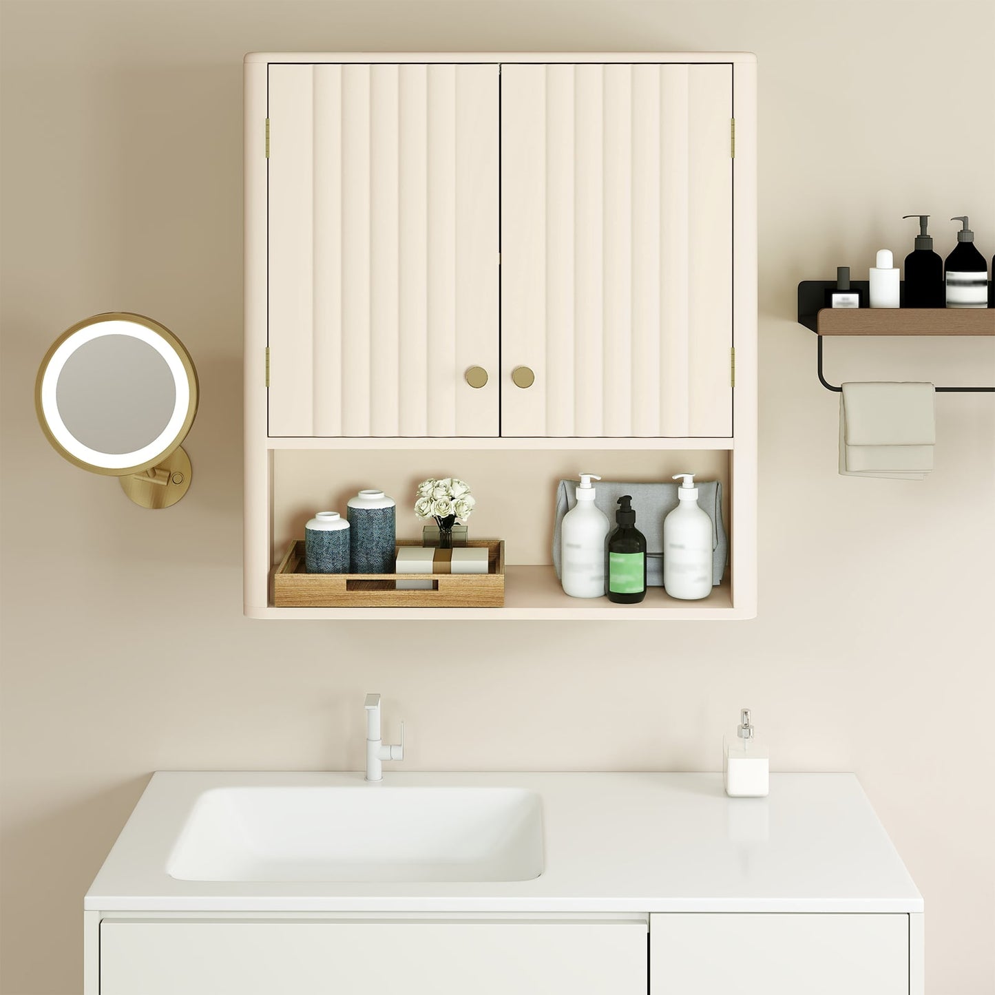 Fluted Bathroom Wall Cabinet Modern Double Door Medicine Cabinet-Beige