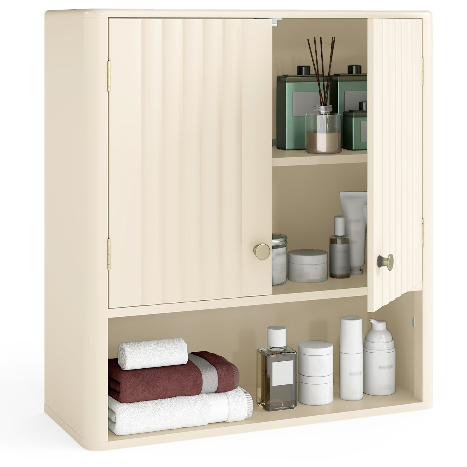 Fluted Bathroom Wall Cabinet Modern Double Door Medicine Cabinet-Beige