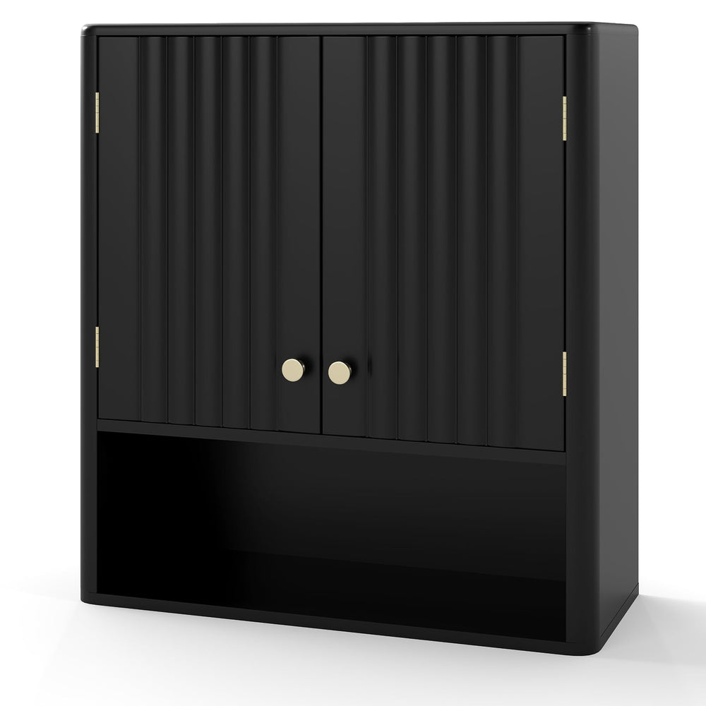 Fluted Bathroom Wall Cabinet Modern Double Door Medicine Cabinet-Black