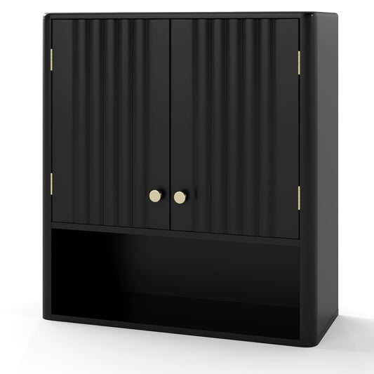 Fluted Bathroom Wall Cabinet Modern Double Door Medicine Cabinet-Black