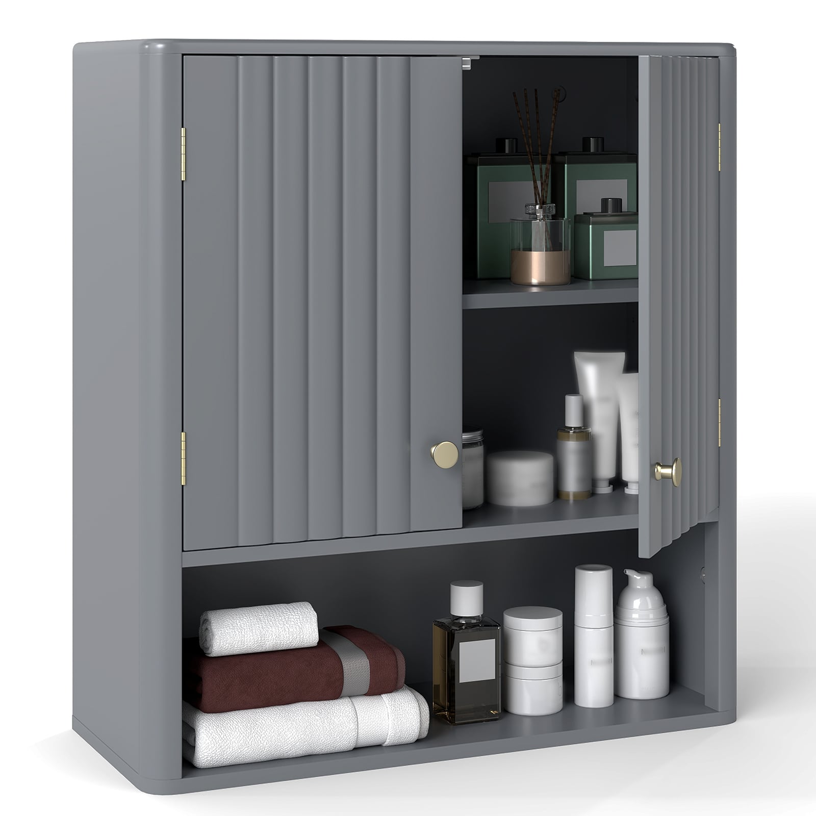 Fluted Bathroom Wall Cabinet Modern Double Door Medicine Cabinet-Grey