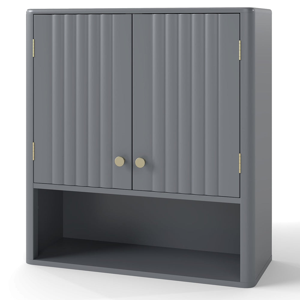 Fluted Bathroom Wall Cabinet Modern Double Door Medicine Cabinet-Grey