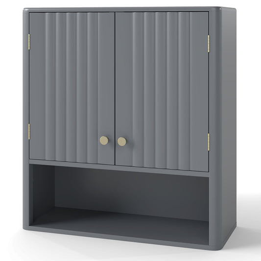 Fluted Bathroom Wall Cabinet Modern Double Door Medicine Cabinet-Grey