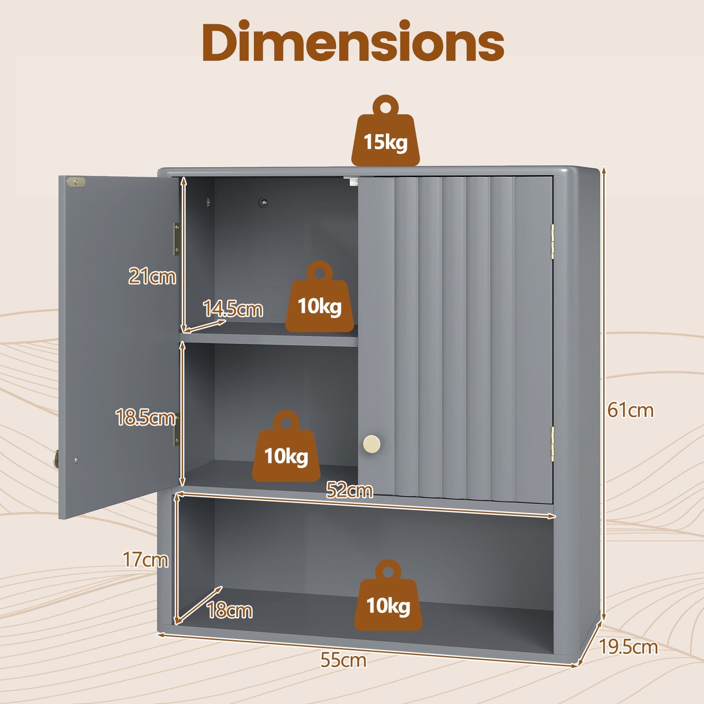 Fluted Bathroom Wall Cabinet Modern Double Door Medicine Cabinet-Grey