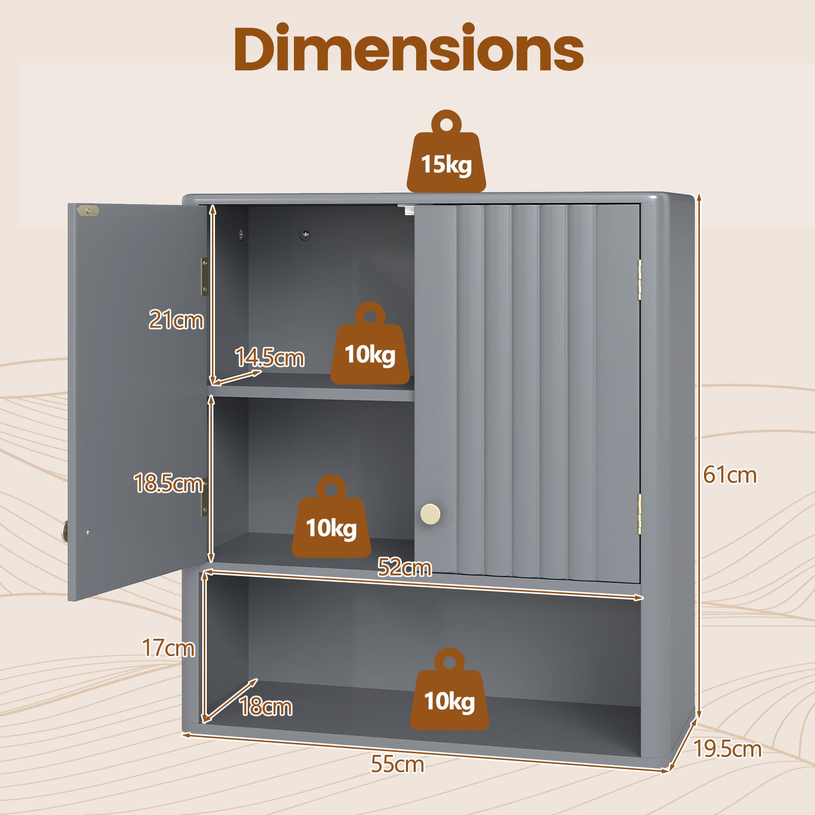 Fluted Bathroom Wall Cabinet Modern Double Door Medicine Cabinet-Grey