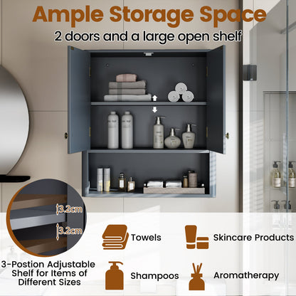 Fluted Bathroom Wall Cabinet Modern Double Door Medicine Cabinet-Grey