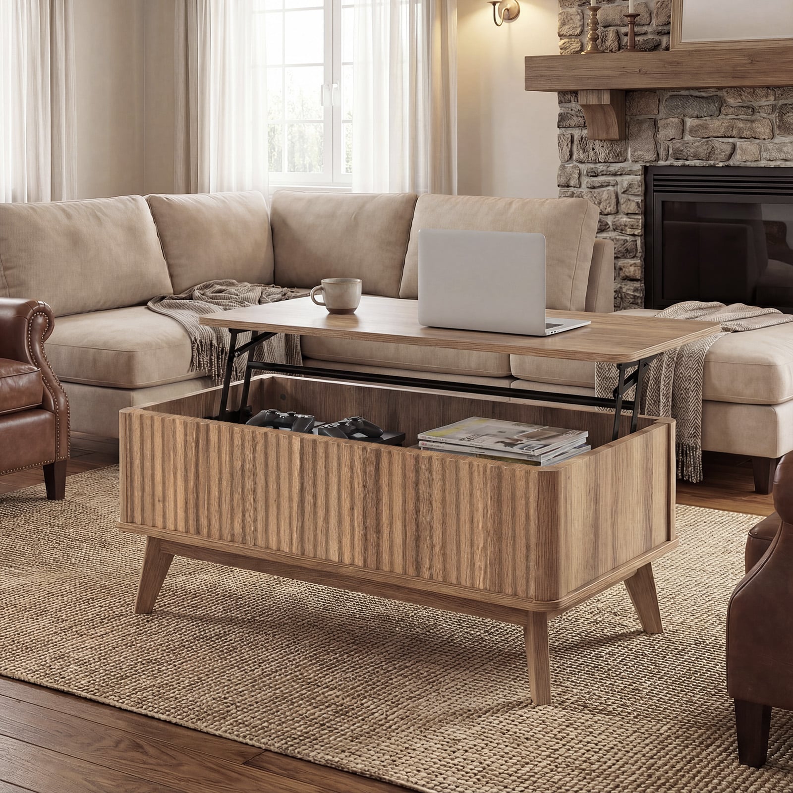Fluted Lift Top Coffee Table 90CM Rectangle Wooden Center Table-Walnut