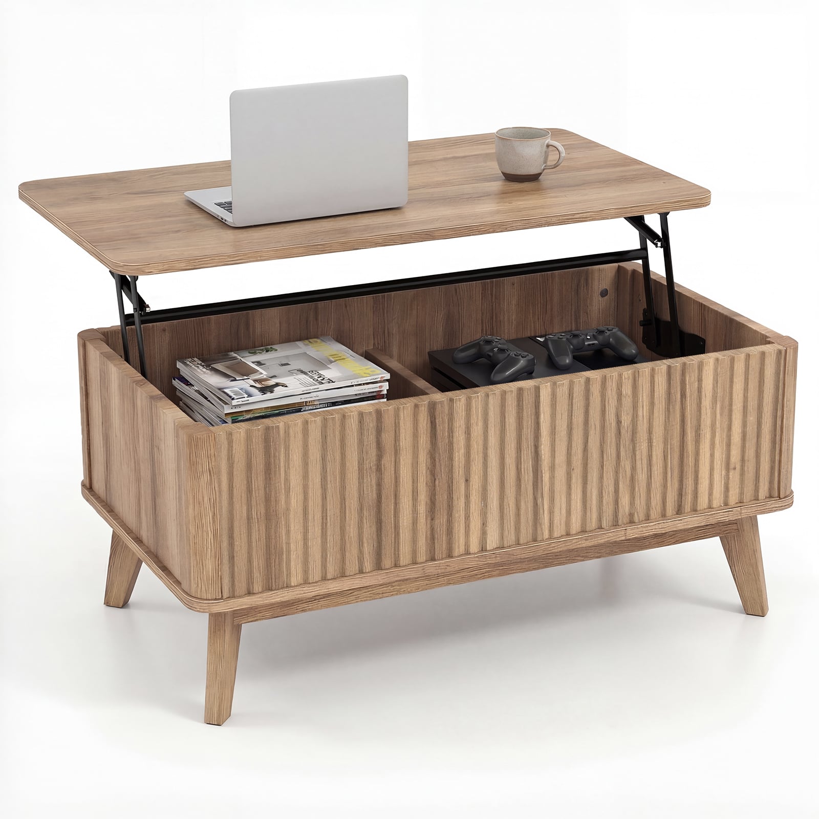 Fluted Lift Top Coffee Table 90CM Rectangle Wooden Center Table-Walnut
