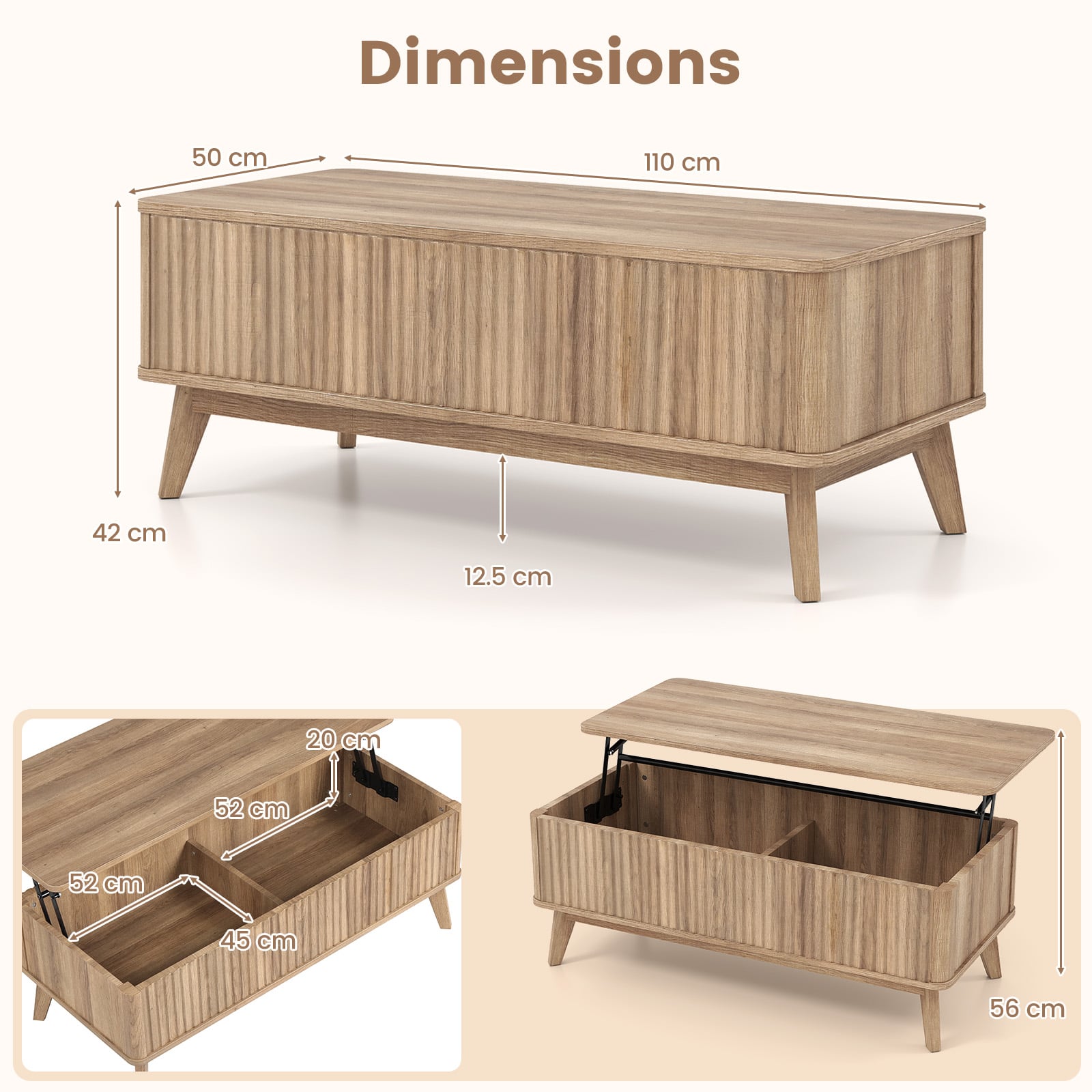 Fluted Lift Top Coffee Table with Lift Tabletop and Hidden Compartments-Brown