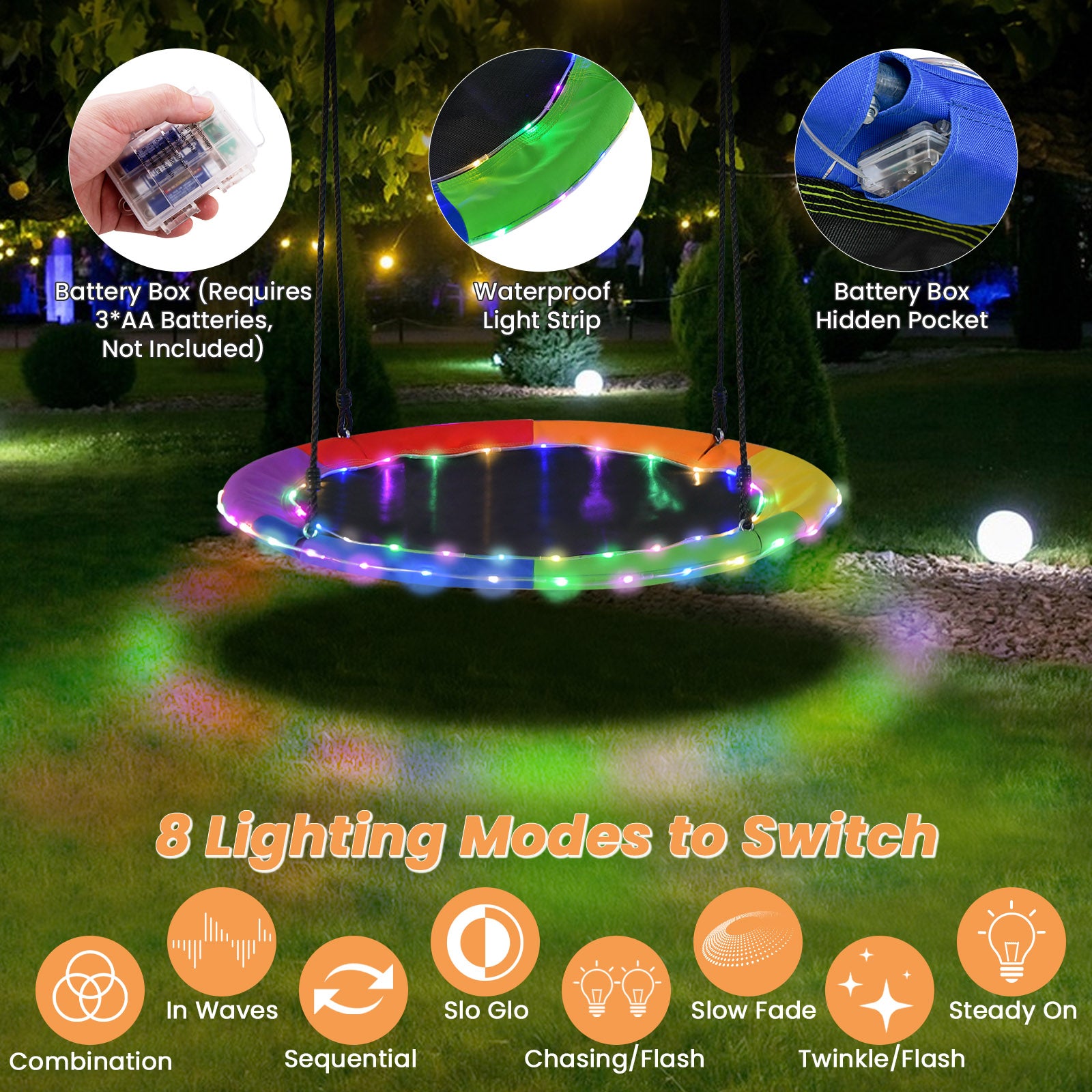 Flying Saucer Tree Swing with 8 Light Modes and Adjustable Hanging Ropes-Colourful