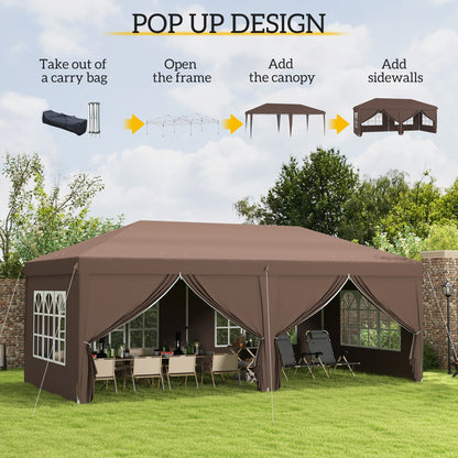 Outsunny 3 x 6 m Pop Up Gazebo with Sides and Windows, Height Adjustable Wedding Camping Party Tent Canopy Marquee with Storage Bag for Garden, Event, Brown