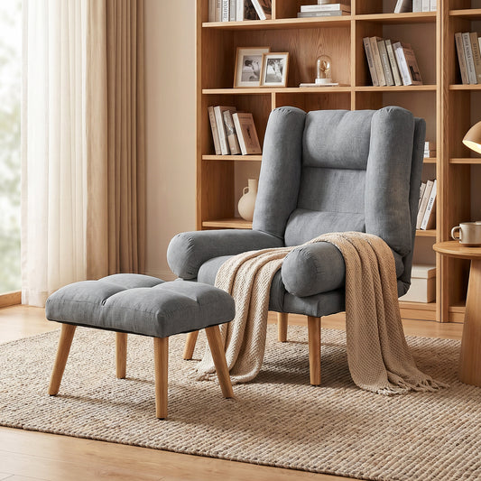 HOMCOM Recliner Chair with Footstool, Recliner Armchair with Adjustable Backrest, Thick Cushion and Wooden Legs, Grey