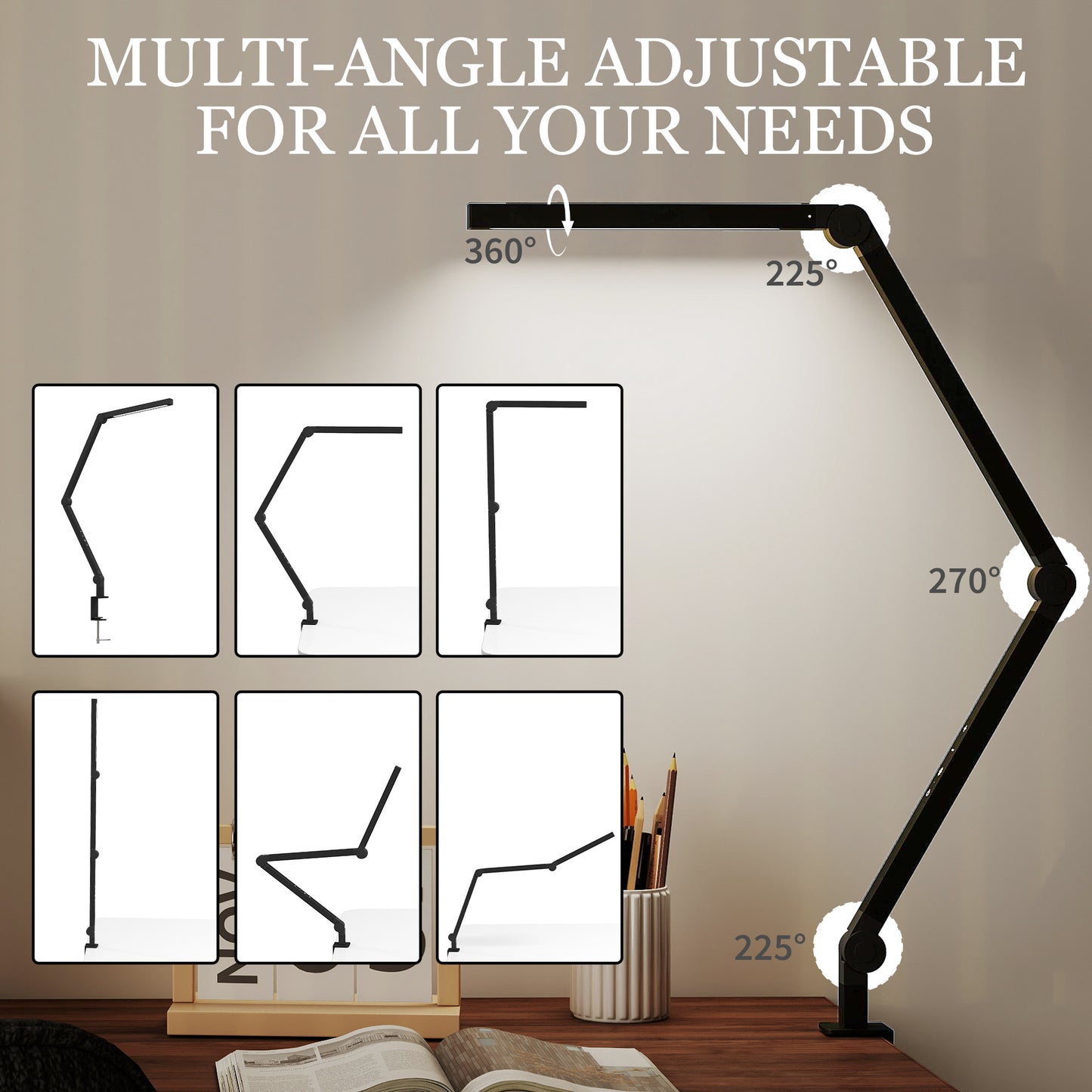 HOMCOM LED Desk Lamp, Dimmable Desk Light with Swing Arm and Clamp, Adjustable Eye-Caring Table Lamp with 2 Colour Modes & 5 Brightness Levels for Study, Drawing, Office, Architect, Task, Black