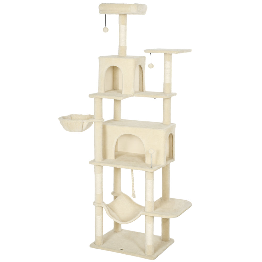 PawHut 202cm Cat Tree with 6 Scratching Posts, 2 Hammocks, 2 Condos, 2 Perches, Pompoms, for Cats to Rest and Play, Beige
