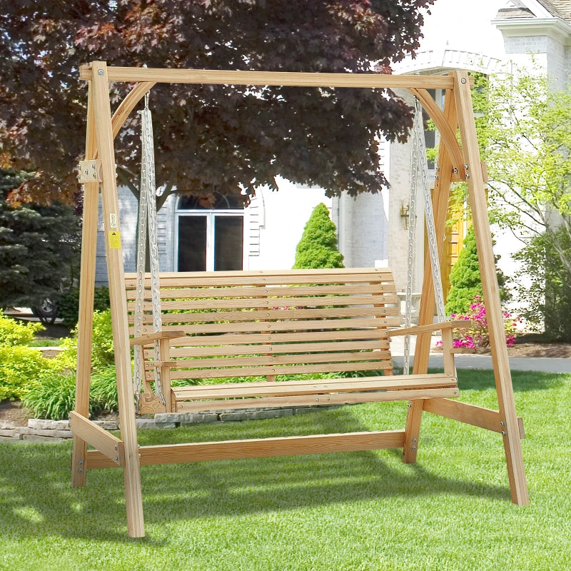 Outsunny 2 Seater Garden Swing Seat Larch Wood Swing Chair Hammock Bench Lounger - Nature