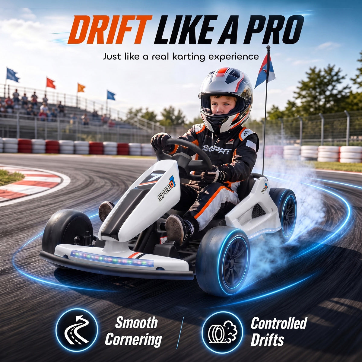 AIYAPLAY 24V Electric Drift Go Kart for Kids with Dual Motors, Soft Start, 12 KM/H High Speed, Headlight, for Ages 6-14, White
