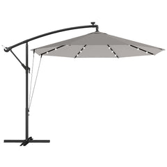 Outsunny 3 m Cantilever Parasol with Solar LED Lights Garden Umbrella with Cross Base, Light Grey