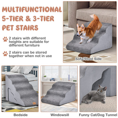 Foam Pet Stairs Set with 5-Tier and 3-Tier Dog Ramps-Grey