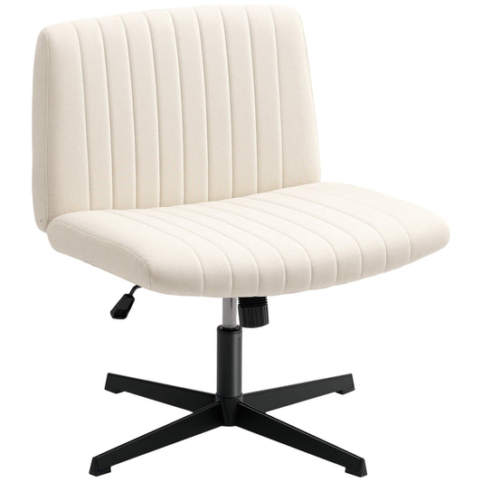 HOMCOM Armless Office Chair No Wheels, Linen Fabric Criss Cross Legged Desk Chair with Wide Seat, Thick Padding, Tilt Function, Height Adjustable Swivel Computer Seat for Home, Cream