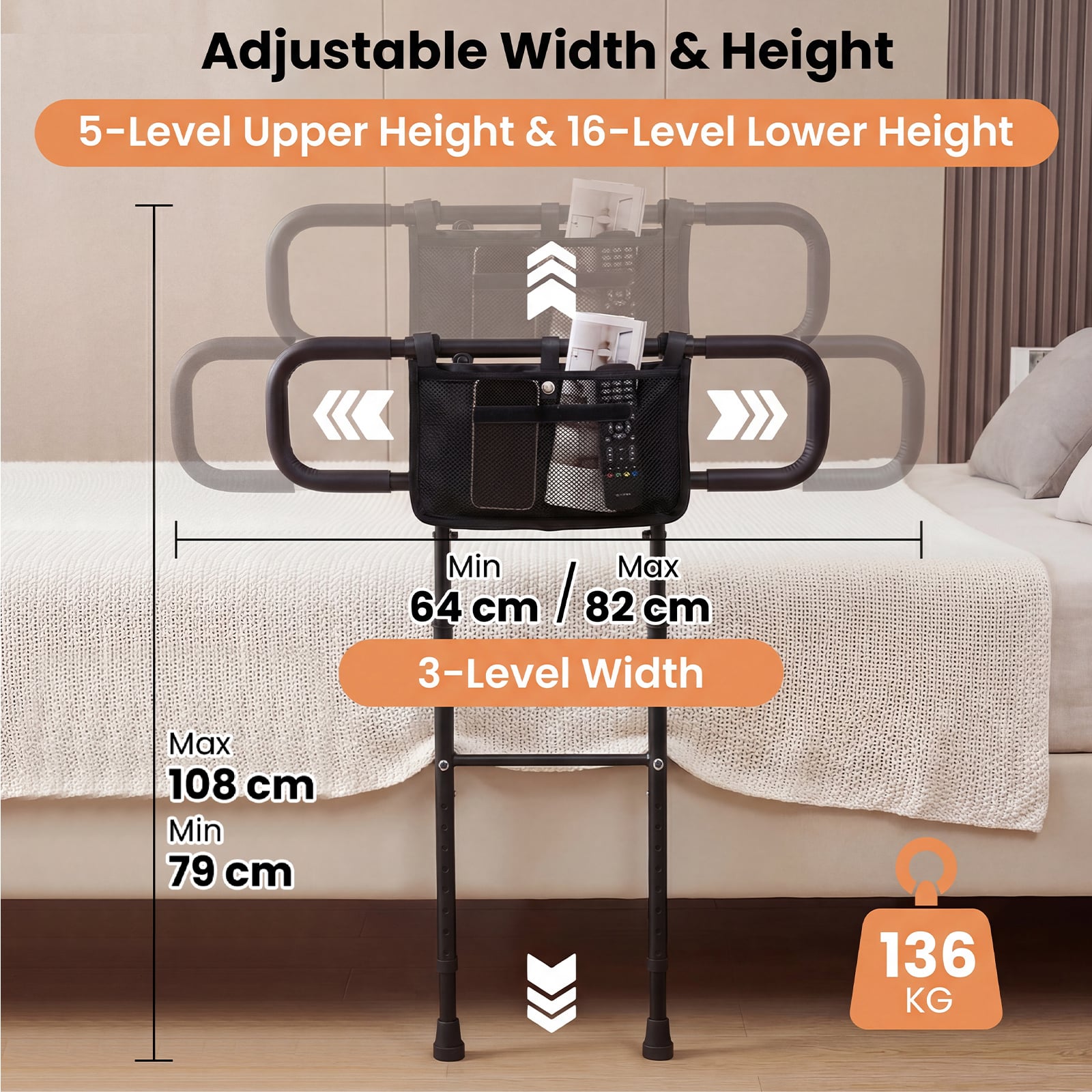 Foldable Bed Rail for Seniors Bed Rail for Elderly Adults Safety with Adjustable Width and Height-Black