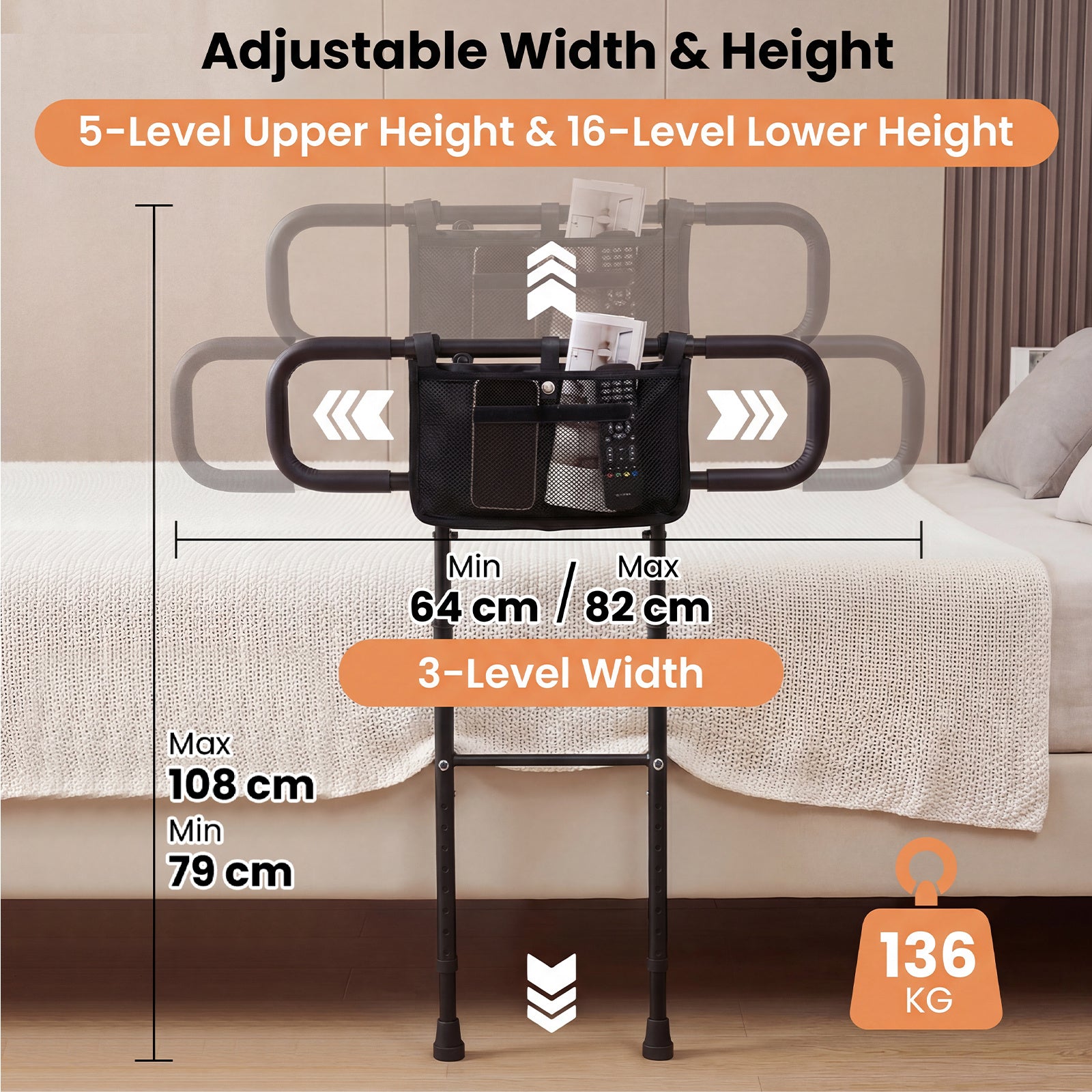 Foldable Bed Rail for Seniors Bed Rail for Elderly Adults Safety with Adjustable Width and Height-Black