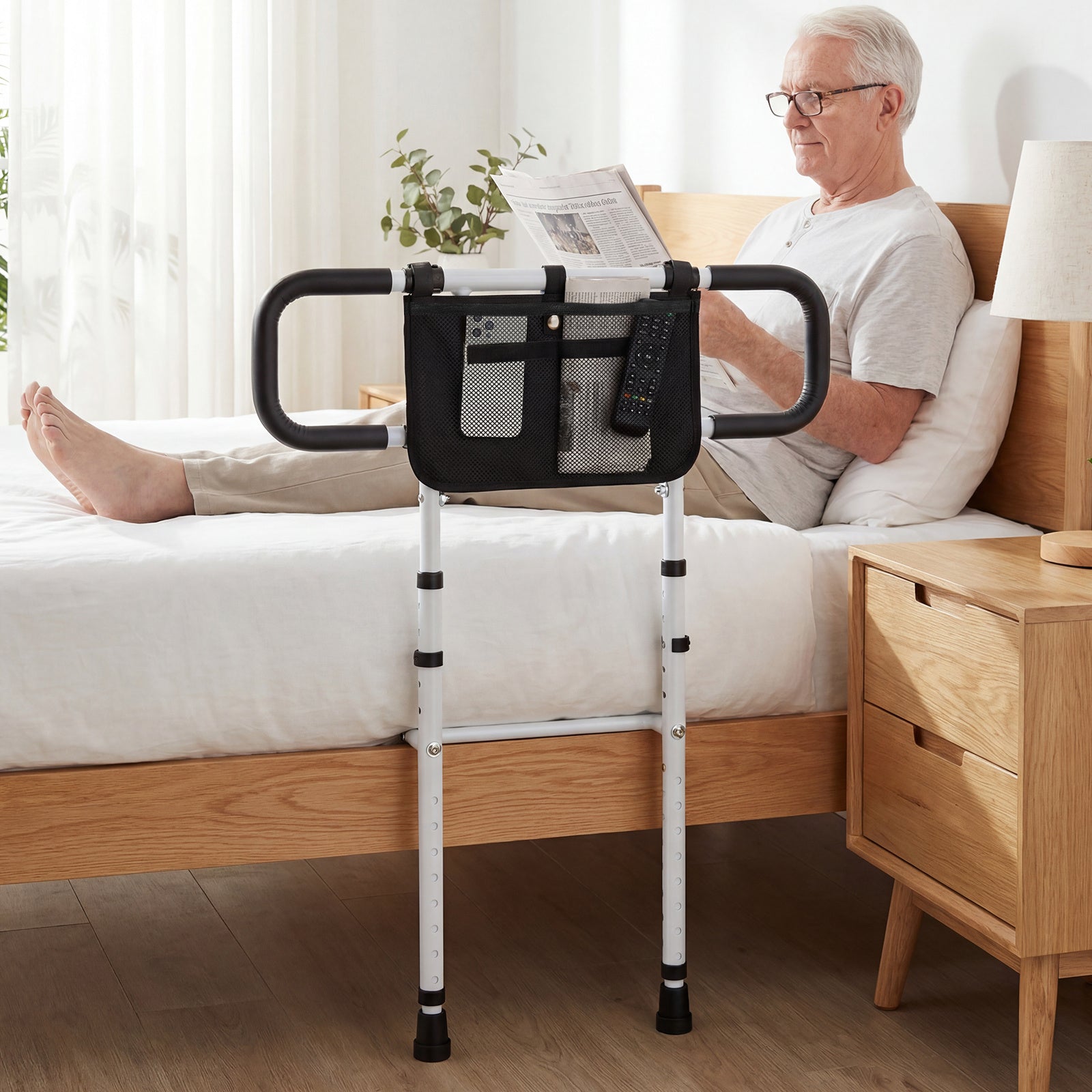 Foldable Bed Rail for Seniors Bed Rail for Elderly Adults Safety with Adjustable Width and Height-White