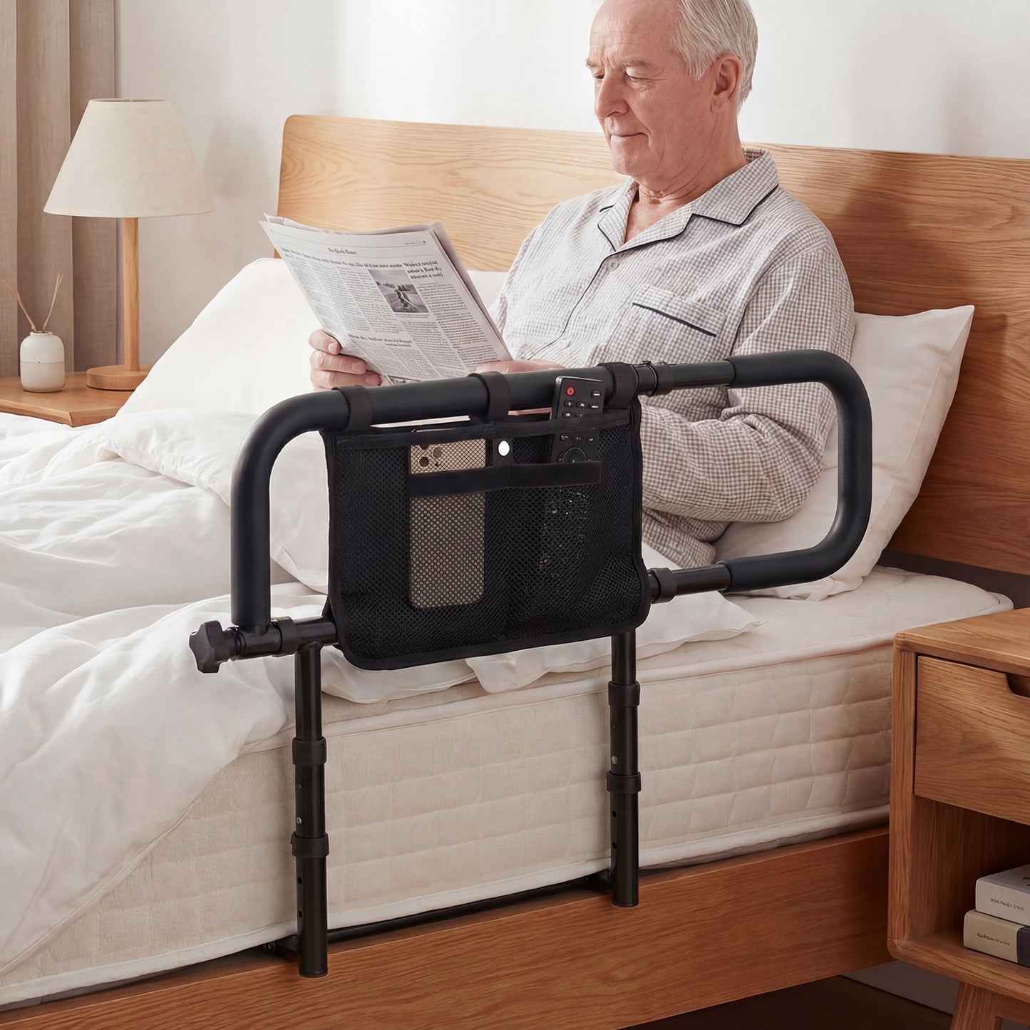 Foldable Bed Rail for Seniors with Adjustable Width and Height-Black