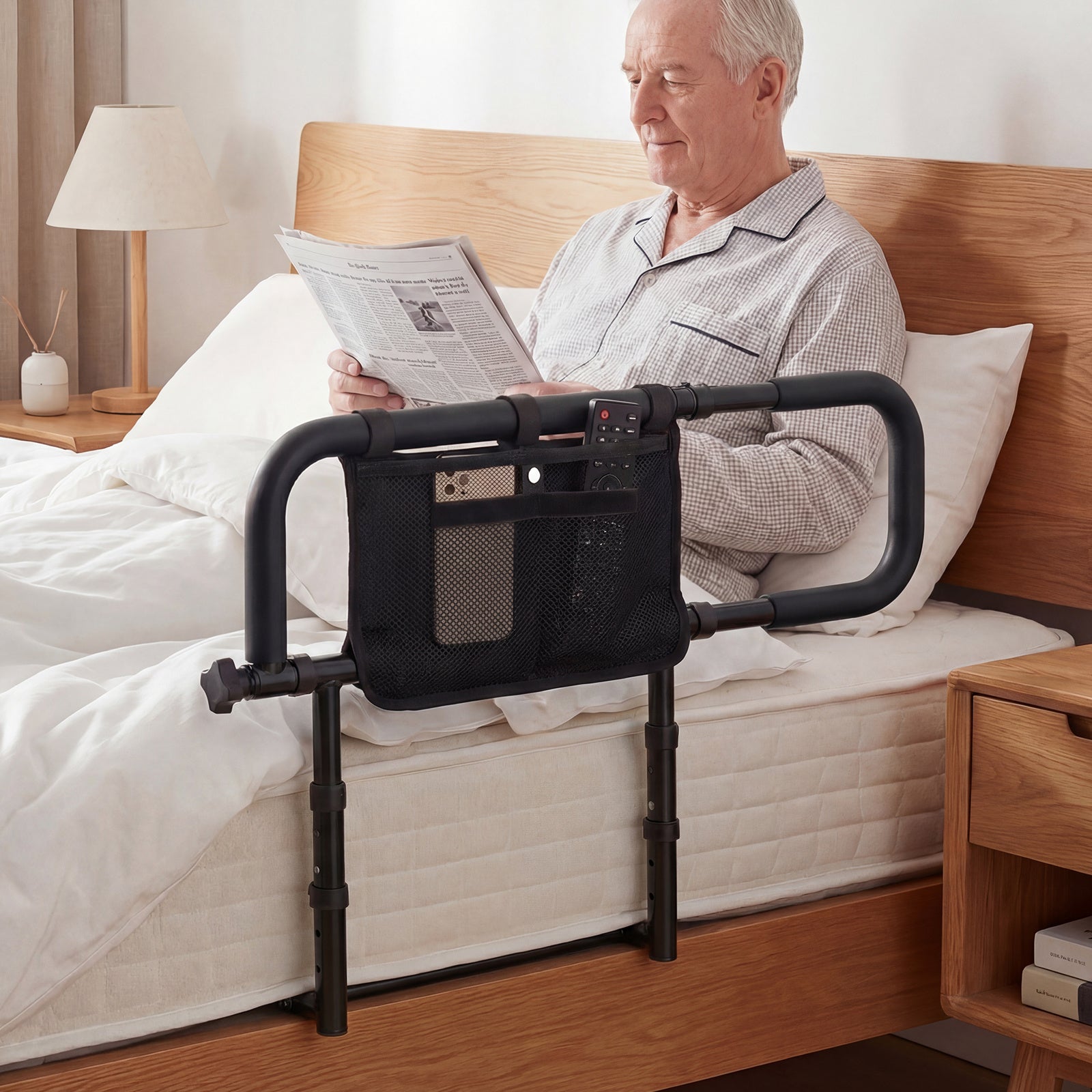 Foldable Bed Rail for Seniors with Adjustable Width and Height-Black