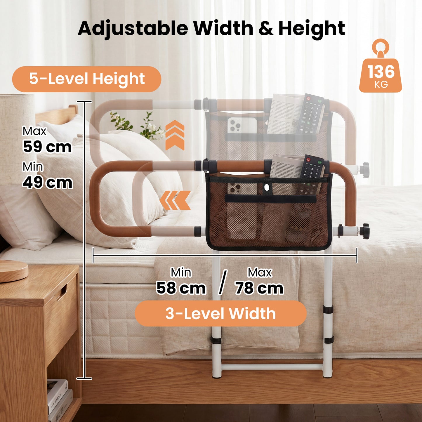 Foldable Bed Rail for Seniors with Adjustable Width and Height-White