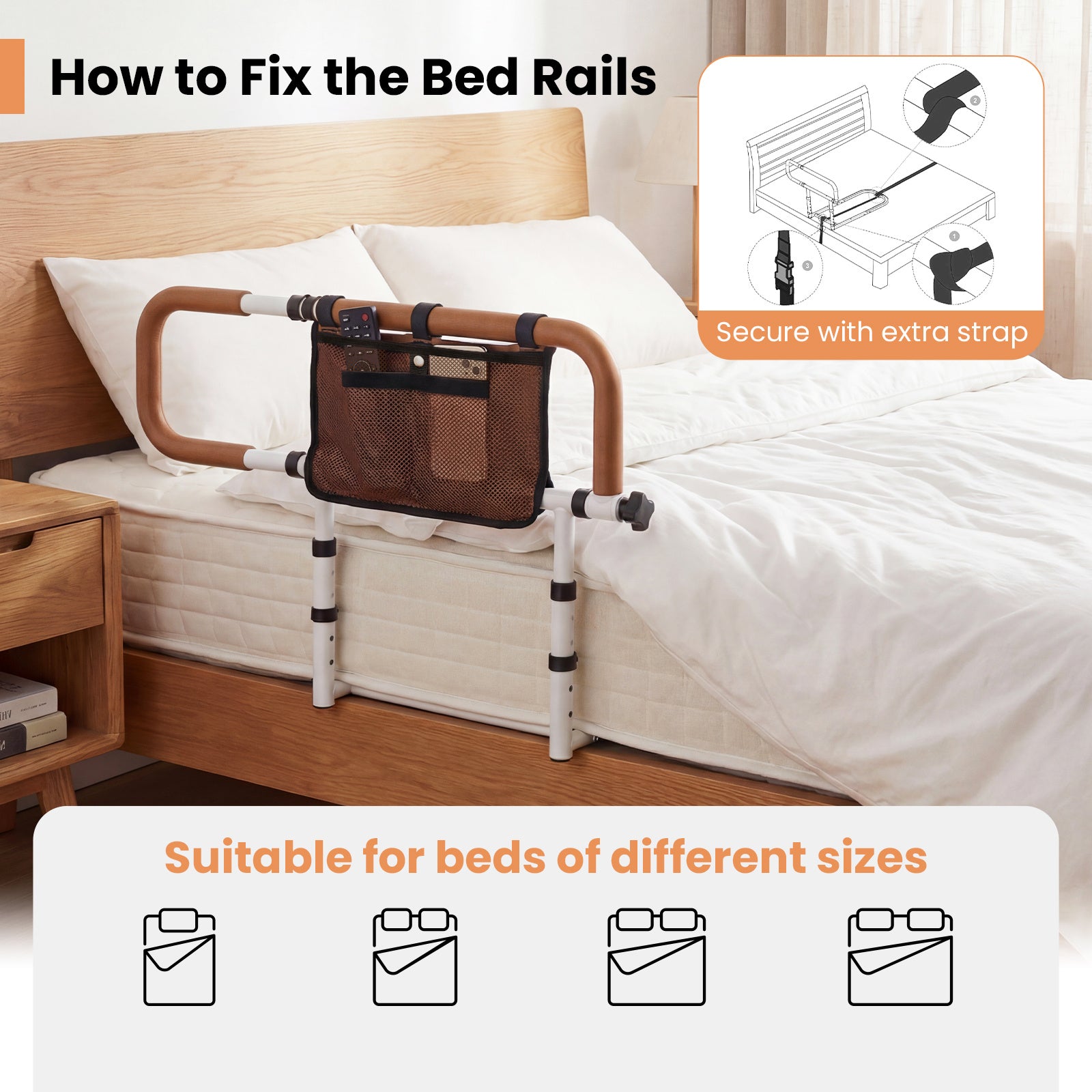 Foldable Bed Rail for Seniors with Adjustable Width and Height-White