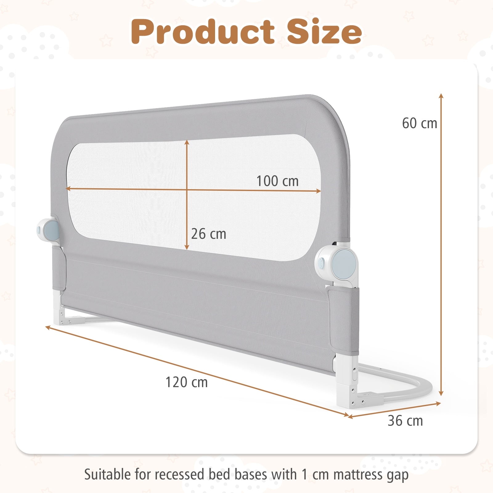 Foldable Bed Rail for Toddlers 120 Long with Removable Cover-Grey