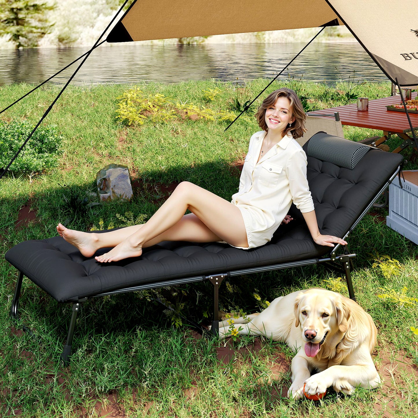 Foldable Camping Cot with Slanted Headrest and Side Pocket-Black