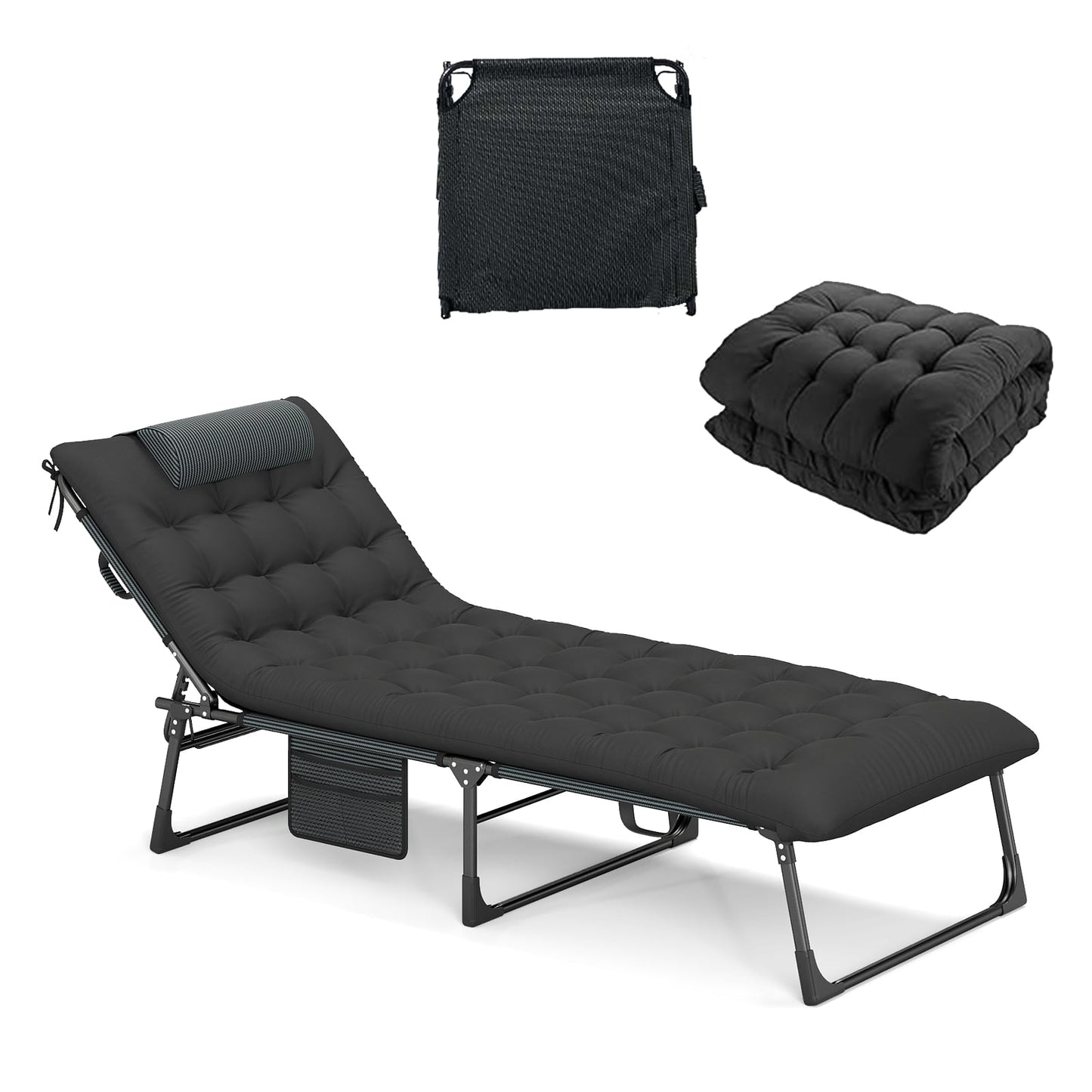 Foldable Camping Cot with Slanted Headrest and Side Pocket-Black