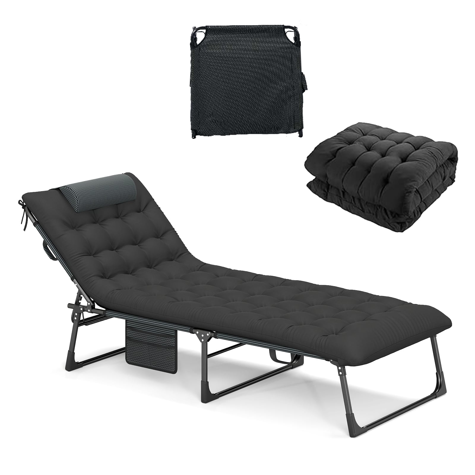 Foldable Camping Cot with Slanted Headrest and Side Pocket-Black