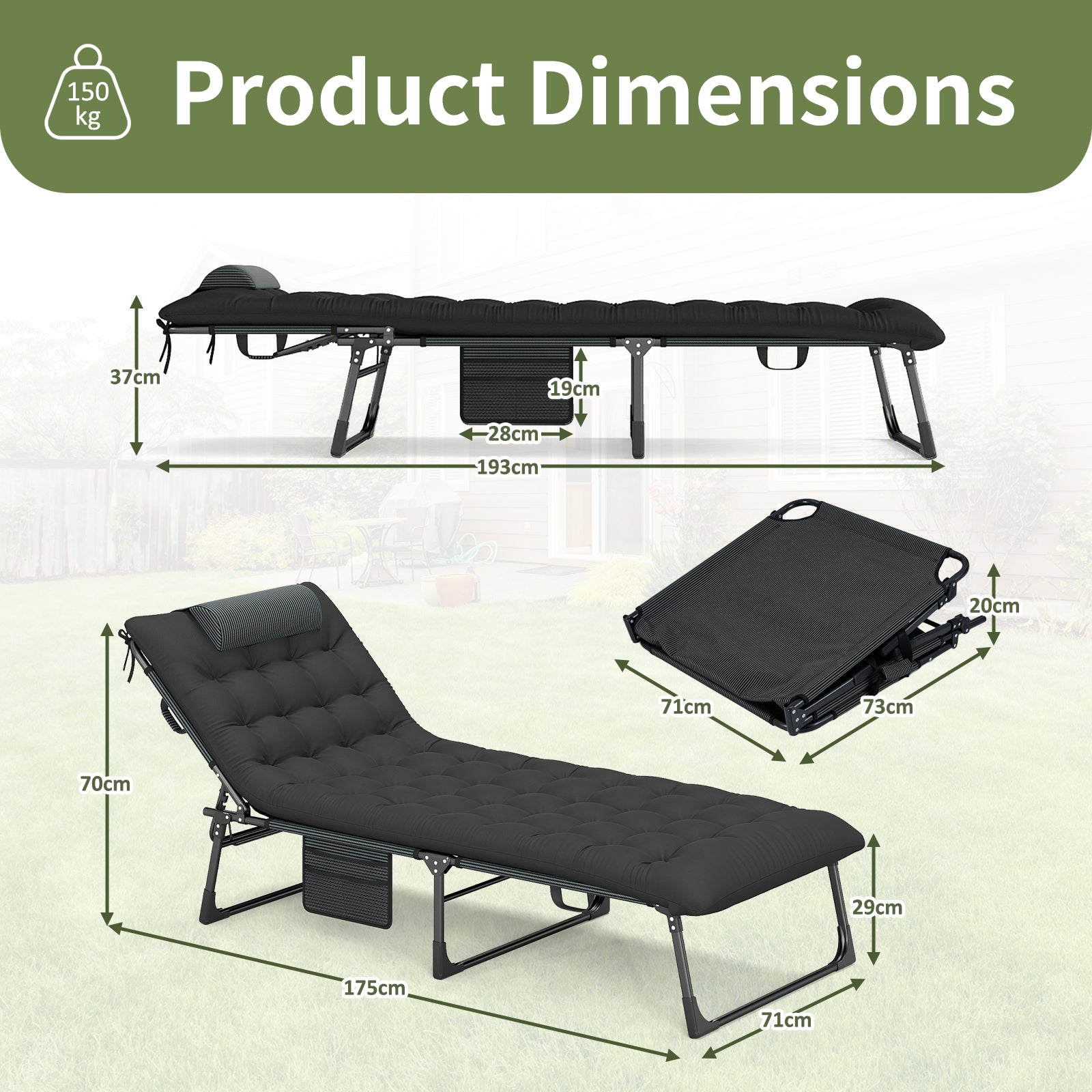 Foldable Camping Cot with Slanted Headrest and Side Pocket-Black