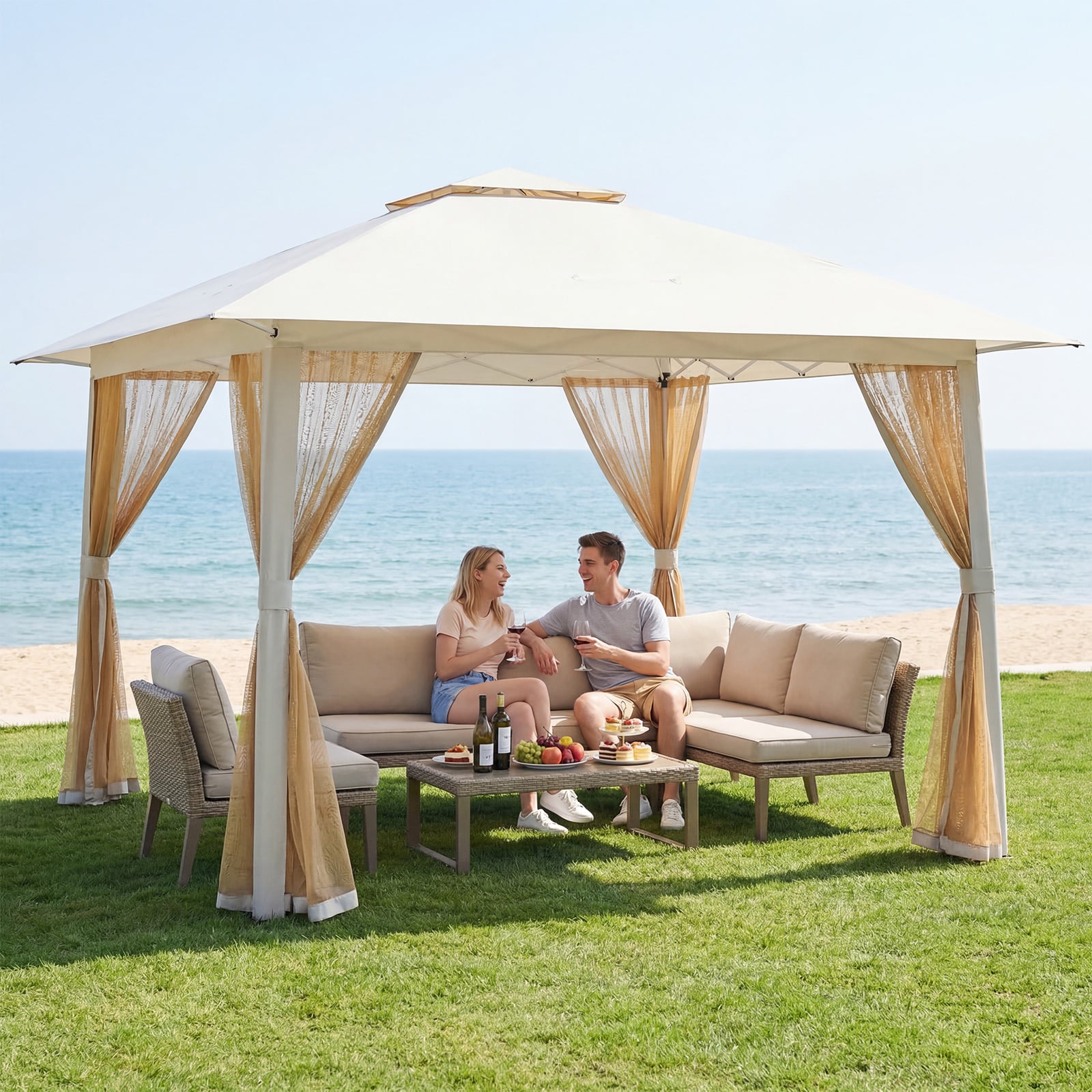 Foldable Canopy Tent with Mesh Netting and Double Roof-Beige