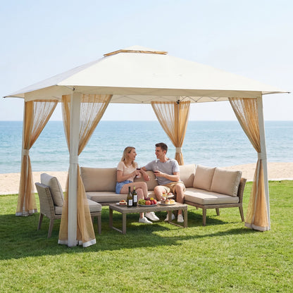 Foldable Canopy Tent with Mesh Netting and Double Roof-Beige