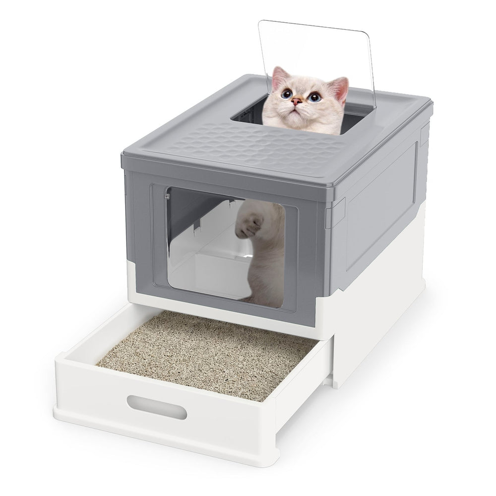 Foldable Cat Litter Box with Lid Large Fully Enclosed Cat Toilet with Front Entry and Flip Top Exit-Grey