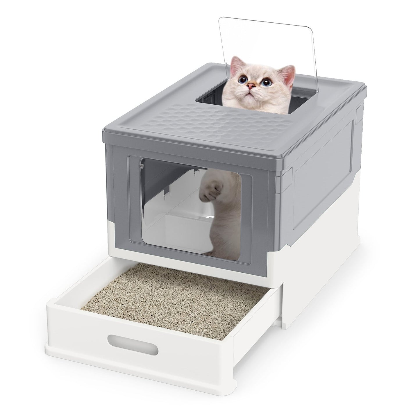 Foldable Cat Litter Box with Lid Large Fully Enclosed Cat Toilet with Front Entry and Flip Top Exit-Grey