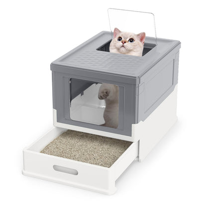 Foldable Cat Litter Box with Lid Large Fully Enclosed Cat Toilet with Front Entry and Flip Top Exit-Grey