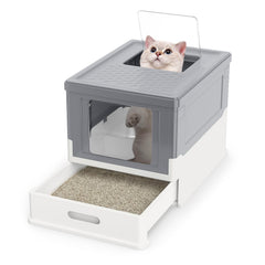 Foldable Cat Litter Box with Lid Large Fully Enclosed Cat Toilet with Front Entry and Flip Top Exit-Grey