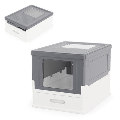 Foldable Cat Litter Box with Lid Large Fully Enclosed Cat Toilet with Front Entry and Flip Top Exit-Grey