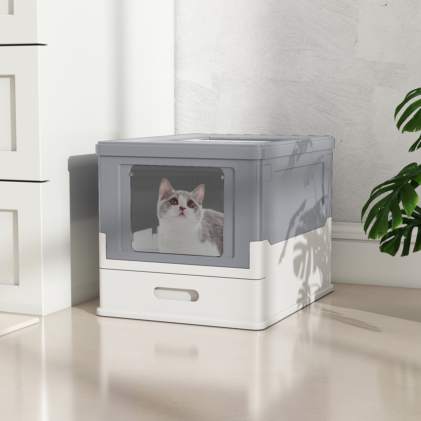 Foldable Cat Litter Box with Lid Large Fully Enclosed Cat Toilet with Front Entry and Flip Top Exit-Grey