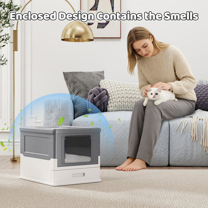 Foldable Cat Litter Box with Lid Large Fully Enclosed Cat Toilet with Front Entry and Flip Top Exit-Grey