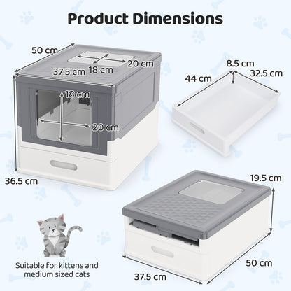 Foldable Cat Litter Box with Lid Large Fully Enclosed Cat Toilet with Front Entry and Flip Top Exit-Grey