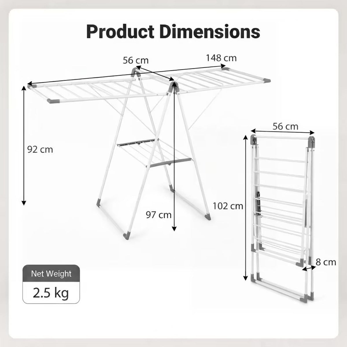 Foldable Clothes Drying Rack with 3-Level Adjustable Wings Space-Saving Collapsible Laundry Rack-White