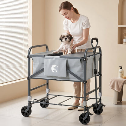 Foldable Dog Bath Cart with Adjustable Height and 4 Wheels for Pets-Black + Grey