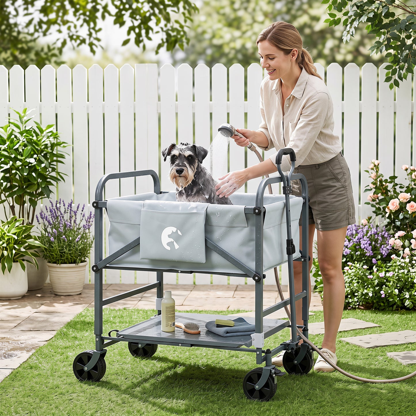 Foldable Dog Bath Cart with Adjustable Height and 4 Wheels for Pets-Black + Grey