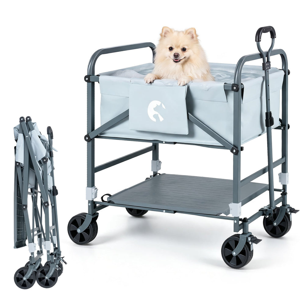 Foldable Dog Bath Cart with Adjustable Height and 4 Wheels for Pets-Black + Grey