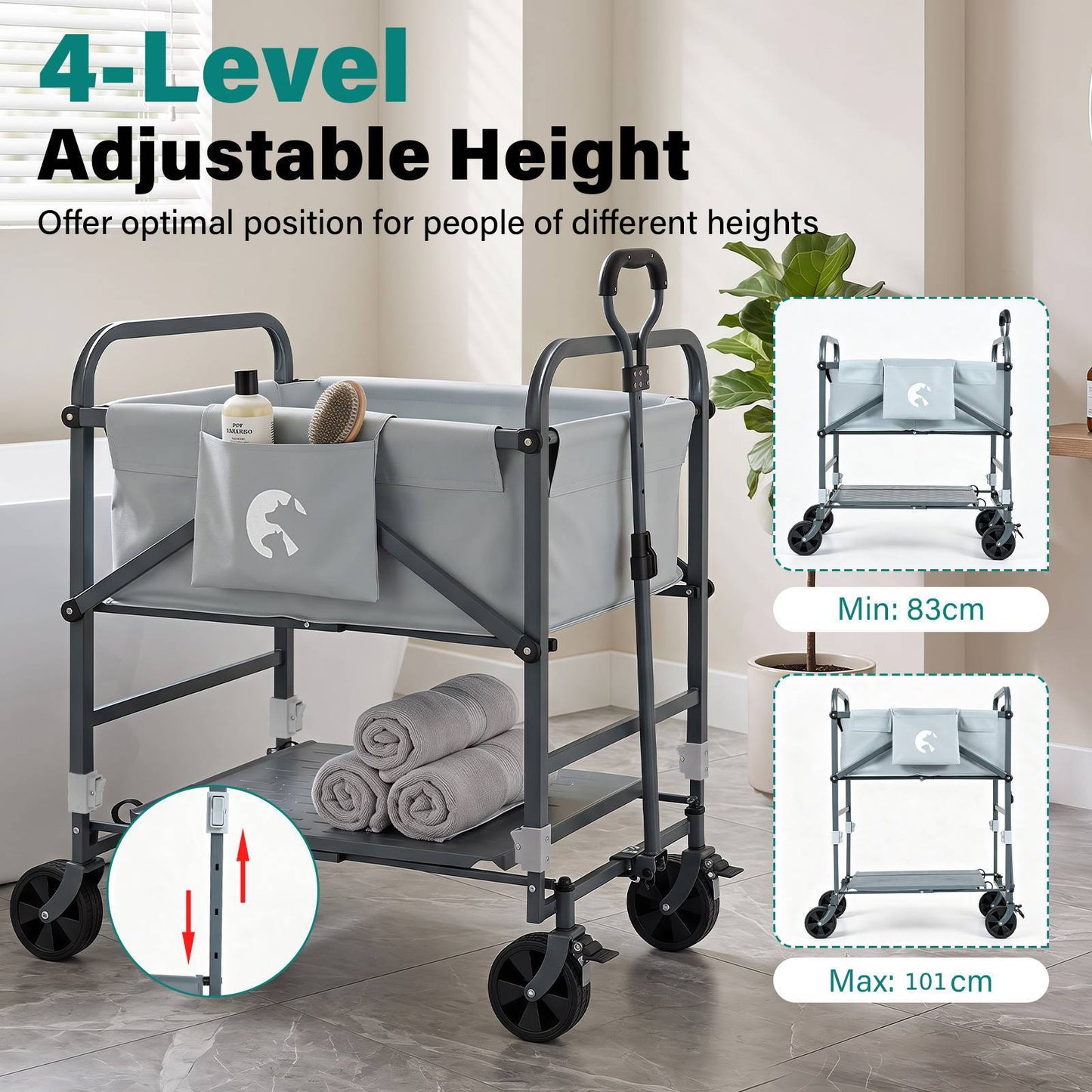 Foldable Dog Bath Cart with Adjustable Height and 4 Wheels for Pets-Black + Grey